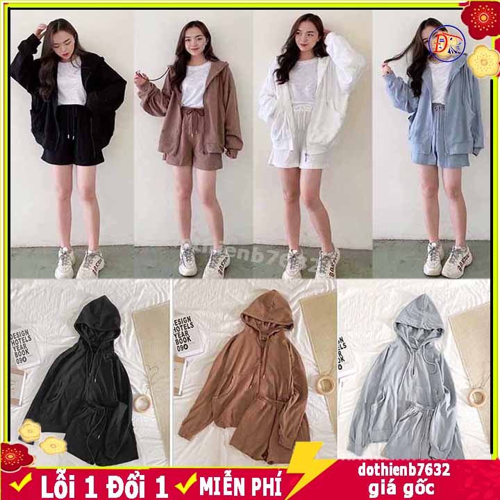 Set bộ áo kèm quần sọt đùi nhung tăm ⚡️ HÓT NHẤT NĂM ⚡️ màu xanh đen trắng form rộng oversize dành cho nữ thu đông