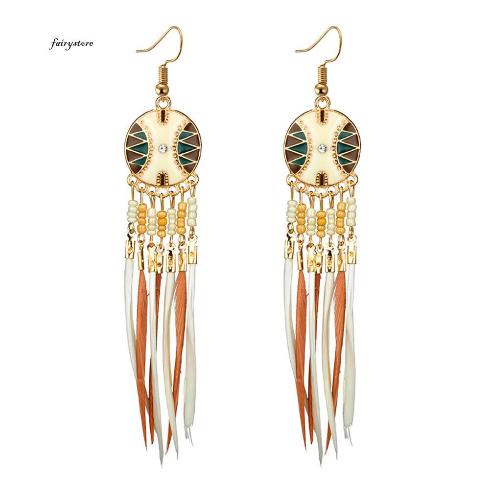 Bông tai hình dreamcatcher đính lông vũ phong cách cổ điển