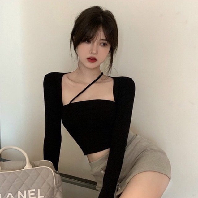Áo kiểu croptop CỔ VUÔNG DÂY CHÉO CỔ TAY DÀI nữ alohashop91