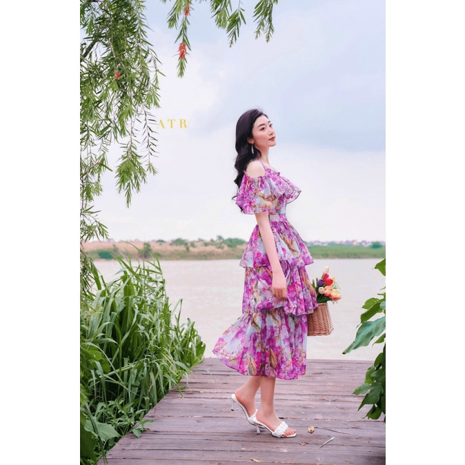 Đầm Nữ Hoa TÍM Tầng Cổ bèo Tiểu Thư Che Khuyết Điểm Cực Xinh LT