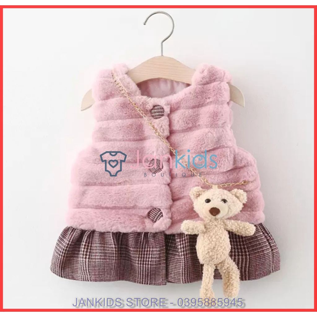Áo khoác gile lông kèm chân váy kẻ sành điệu cho bé gái hàng quảng châu