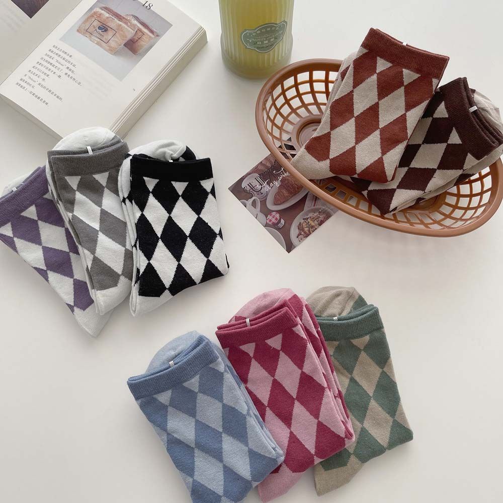 Đôi vớ cotton thoáng khí họa tiết sọc caro VANES1 phong cách Harajuku Hàn Quốc thời trang cho nữ