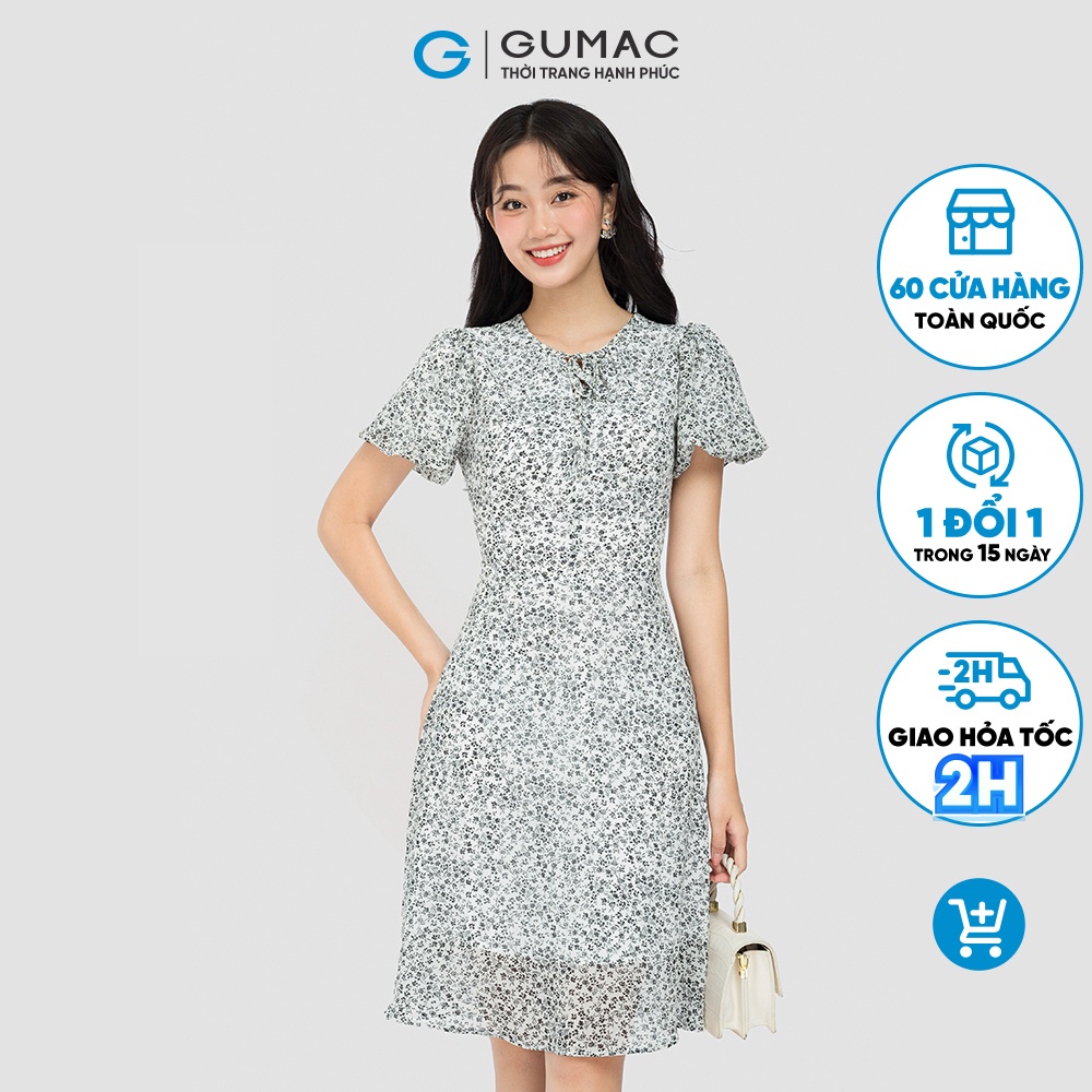 Đầm hoa nơ cổ thời trang GUMAC DC08107