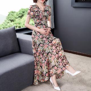 Đầm voan hoa tay ngắn dáng dài chiết eo phong cách retro thanh lịch cho nữ