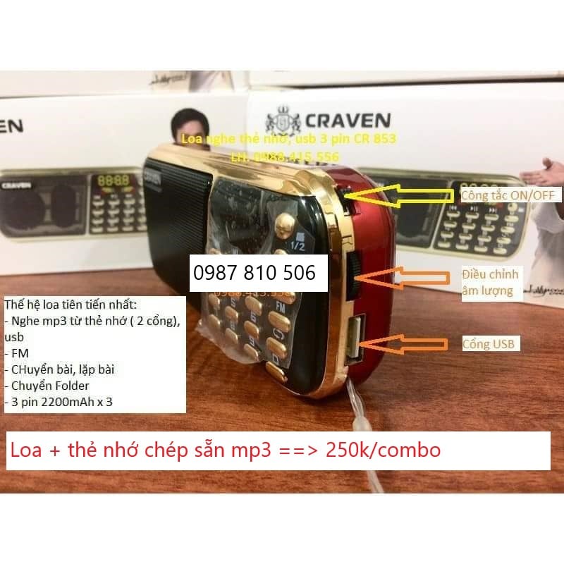 [Free ship] Loa Craven - CR-853 (Kèm 3 pin + Thẻ 8G + Dây sạc)