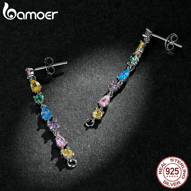 Đôi bông tai Bamoer Bse558 bằng bạc 925 đính hạt đá Zirconium dây dài thời trang dành cho nữ