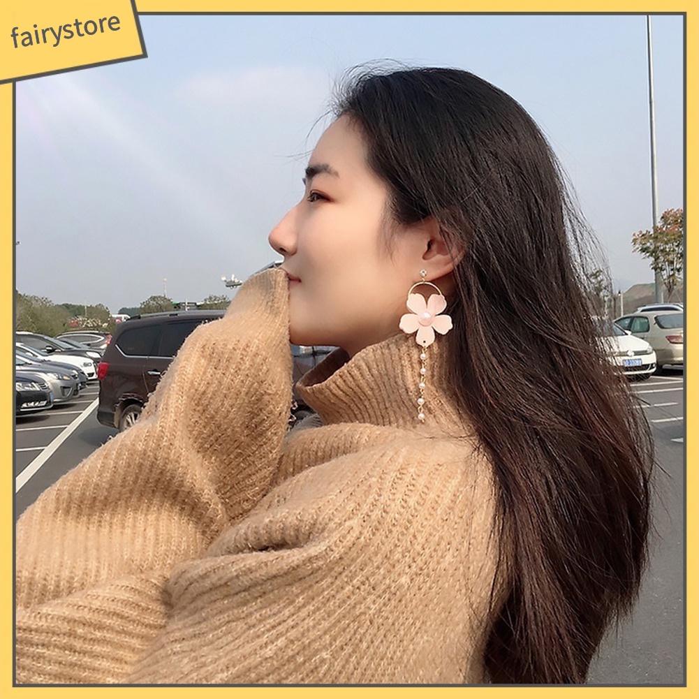 Khuyên Tai Dáng Dài Đính Hoa Và Ngọc Trai Nhân Tạo Thời Trang