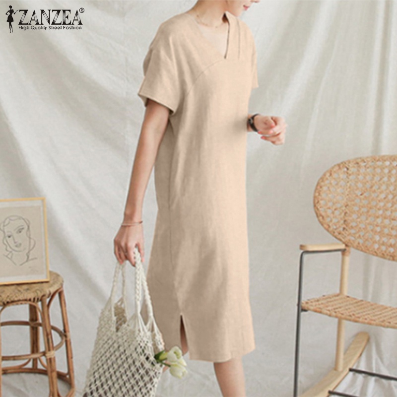 Đầm midi Zanzea tay ngắn cổ chữ v màu trơn phong cách vintage thời trang cho nữ
