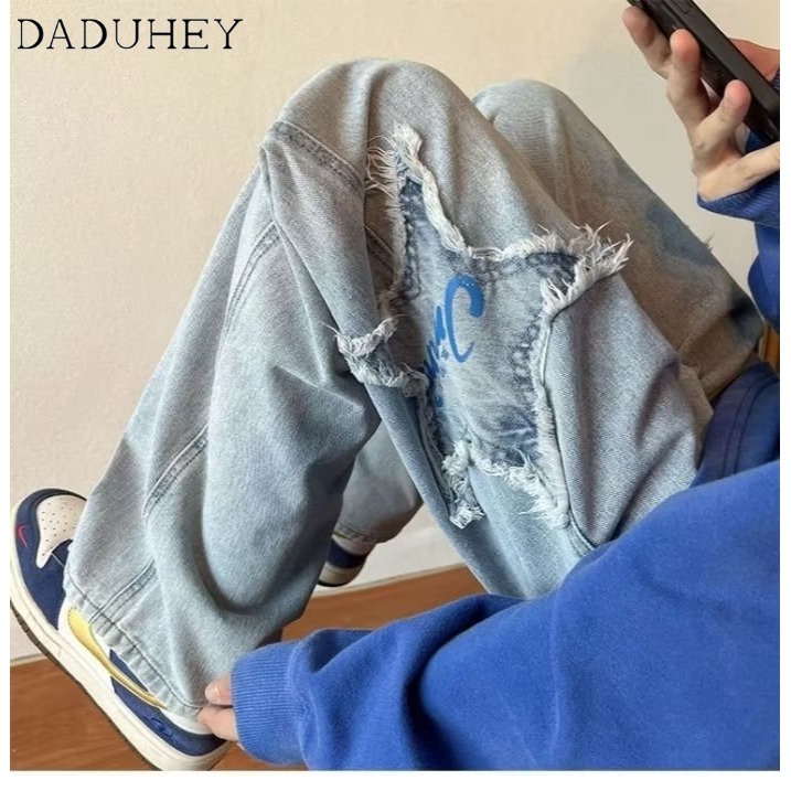 DaDuHey Autumn Thin Trendy Hong Kong Style Ripped Jeans Ins Male Straight Loose Casual Cropped Pants