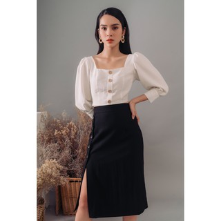Áo croptop đũi tay phồng trắng Gunich