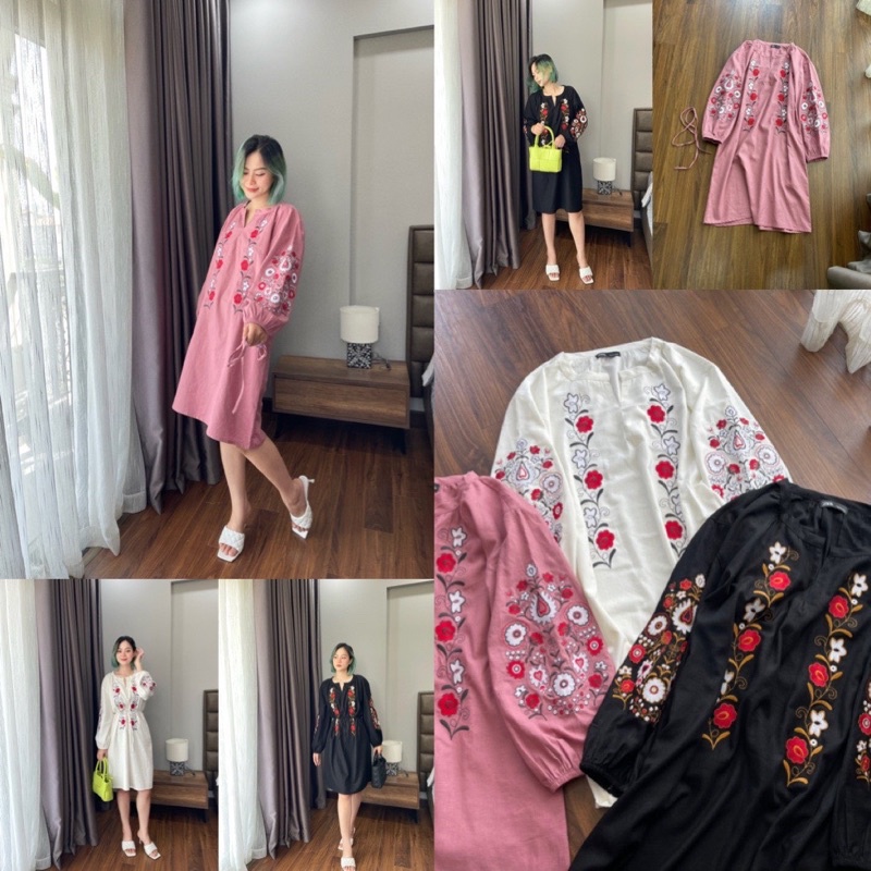 Đầm thêu hoa dáng vintage .Hình cận vải shop chụp thật