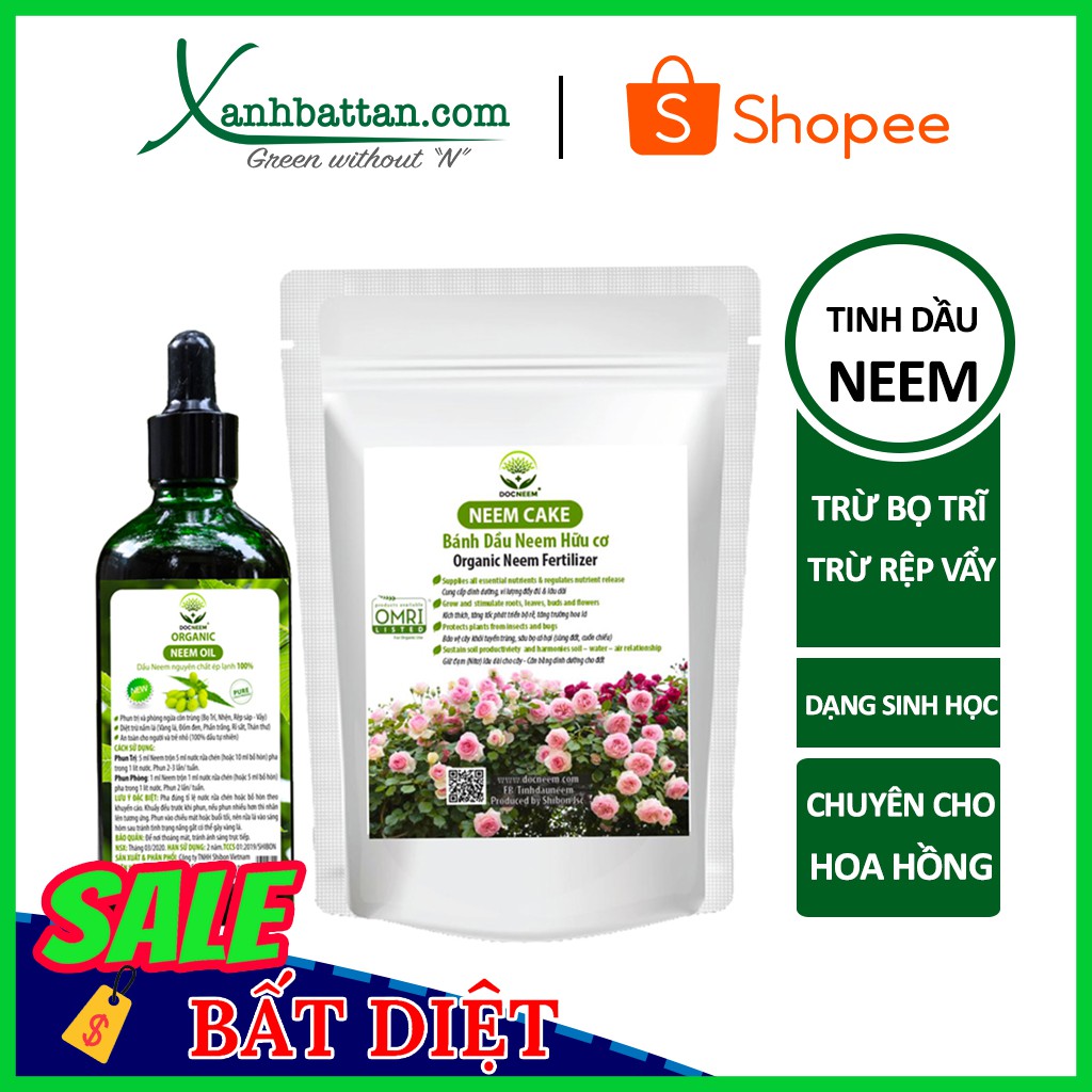 Bộ Đôi Neem Oil Và Phân Bánh Dầu Trừ Bọ Trĩ, Rệp Sáp, Rệp Vẩy, Sâu Bệnh Cho Hoa Hồng