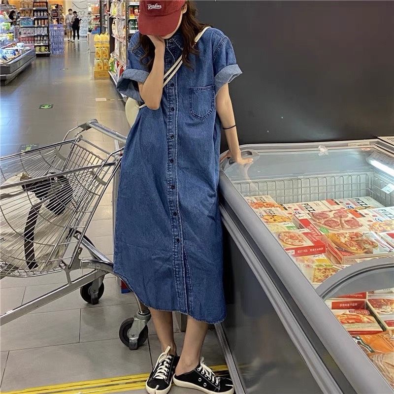 Váy sơ mi bò kaki jeans dáng dài qua gối retro, váy sơ mi suông dáng rộng siêu phẩm deal1k by hanadress