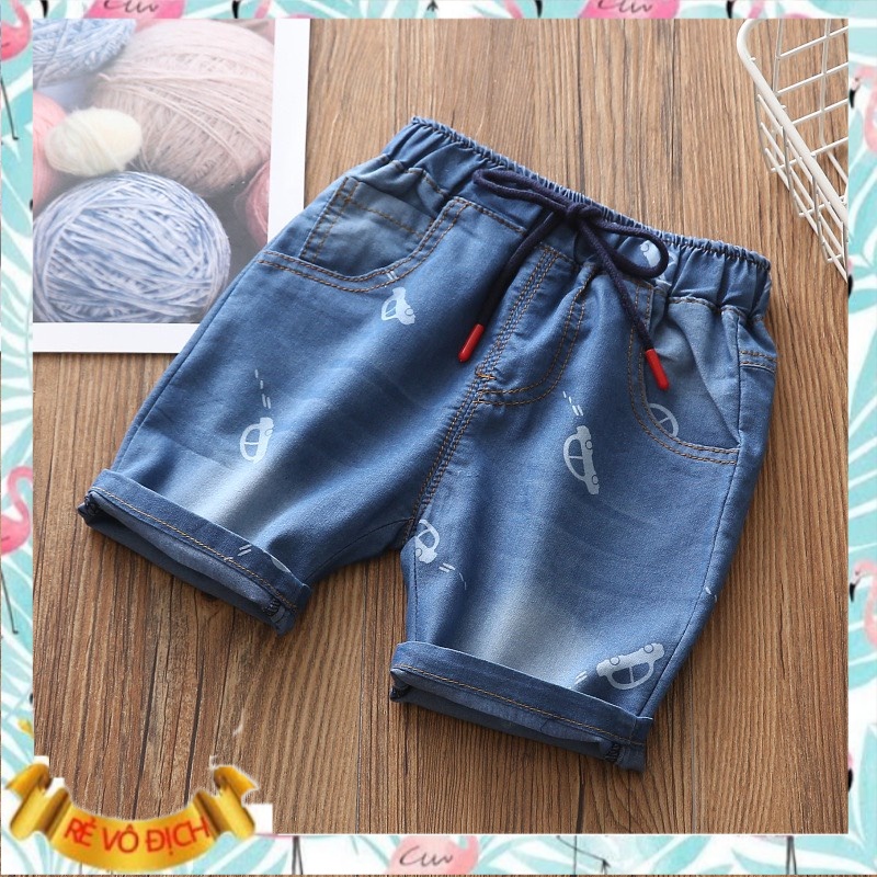 Quần bò cho bé trai 1-5 tuổi hình oto, Quần jean lửng trẻ em vải bò giấy mềm khỏe khắn thời trang