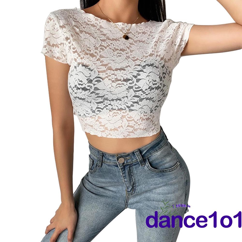 Áo croptop tay ngắn phối ren hoa xinh xắn gợi cảm dành cho nữ