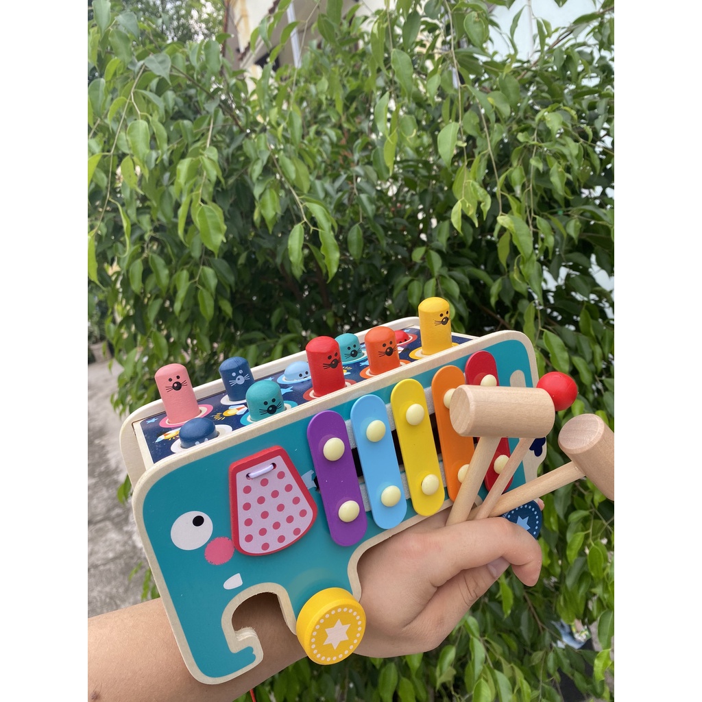 Đồ chơi gỗ đập chuột hình con voi kèm đàn, kèm bánh răng xoay 5 in 1 cho bé phát triển trí tuệ