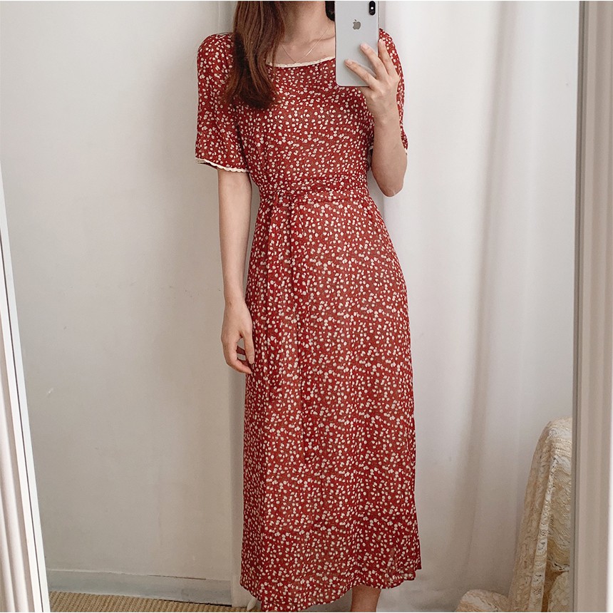 Đầm vintage dự tiệc Trắng đỏ cổ vuông cộc tay , Váy ren hoa nhí trắng tay ngắn dáng dài ulzzang (video ảnh thật) | BigBuy360 - bigbuy360.vn