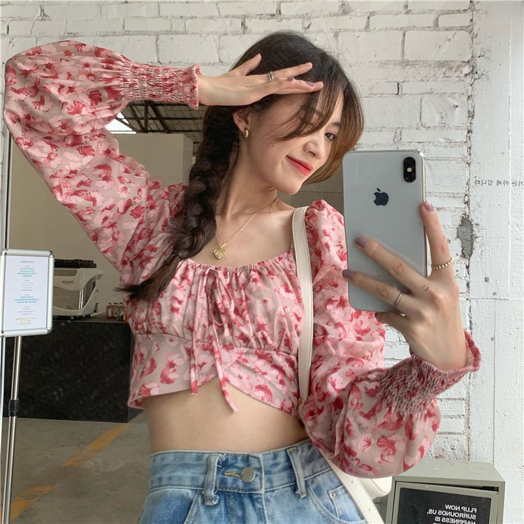 Áo Kiểu Tay Dài Cổ Vuông Chất Chiffon Hoạ Tiết Hoa Cho Phái Nữ | BigBuy360 - bigbuy360.vn