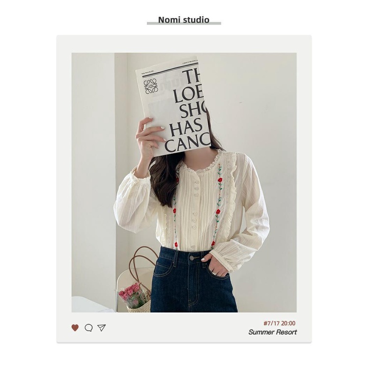 Áo Sơ Mi Dài Tay Xếp Ly Cài Một Hàng Nút Thêu Họa Tiết Phong Cách Hàn Quốc Mới Cho Nữ