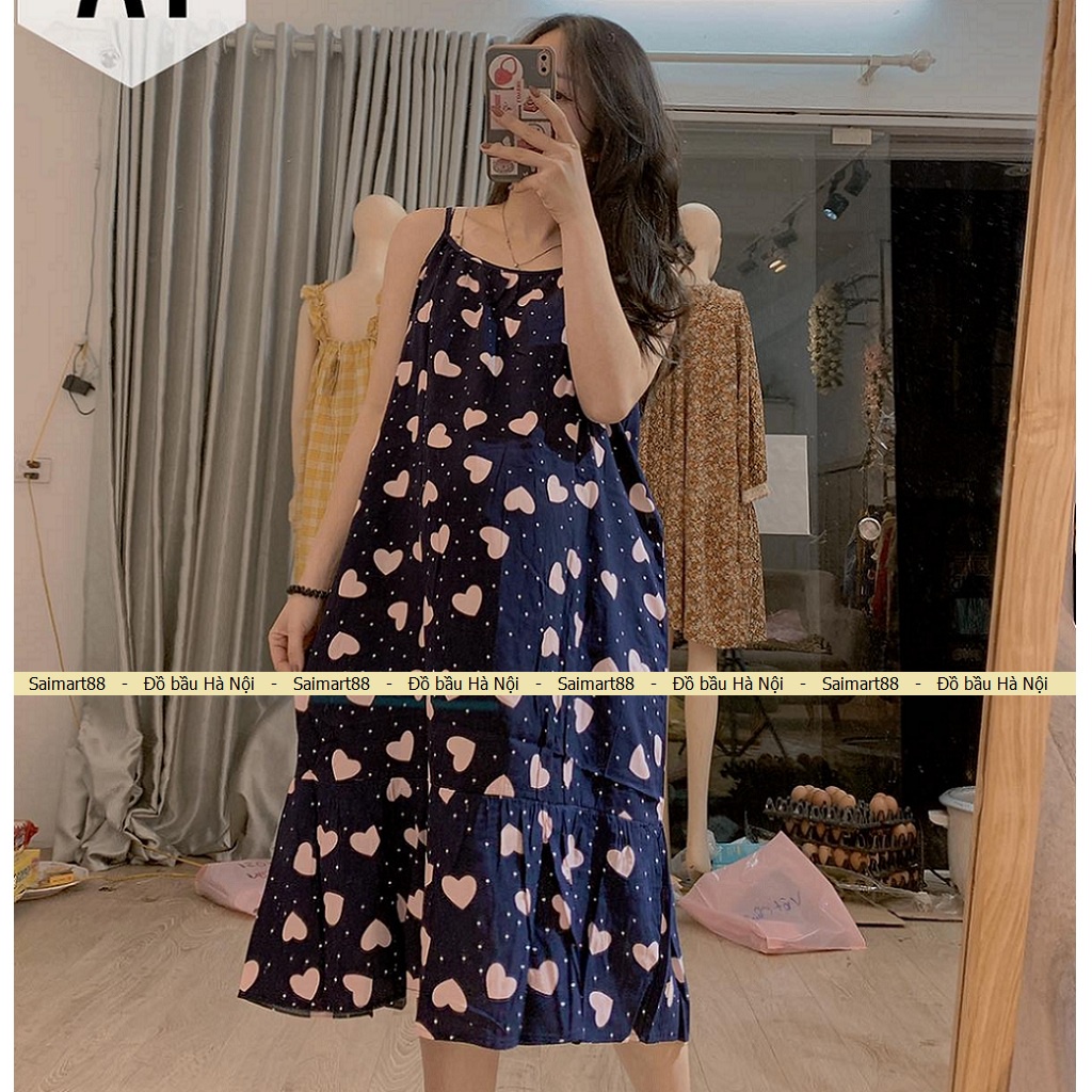 Váy Lanh Bầu - đầm bầu- mẫu 2 dây - chất lanh lụa mềm nhẹ mát - dáng váy suông dễ mặc