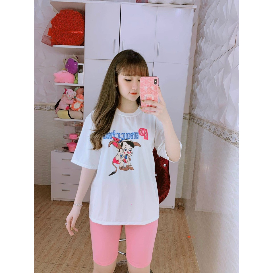 Set Bộ Đồ Nữ Mặc Nhà Dễ Thương Quần Short ngố thun ôm sát + Áo Phông PIOCCHIO Ullzang (Ảnh thật/Có Sẵn)