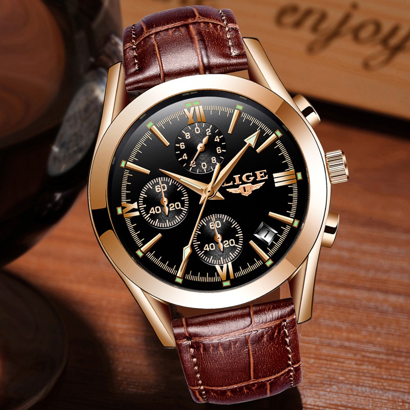 Men's LIGE 9839 Sports Luxury Leather Waterproof Quartz Watch