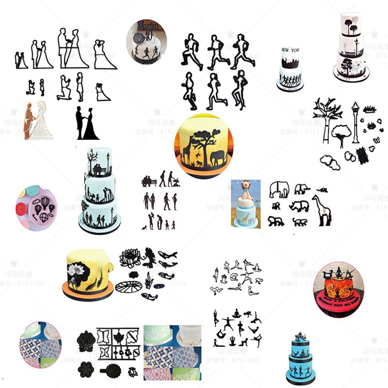 Spot sale fondant printing mold plastic cutting die fondant brand dinosaur music note hot air balloon cloud cutting die