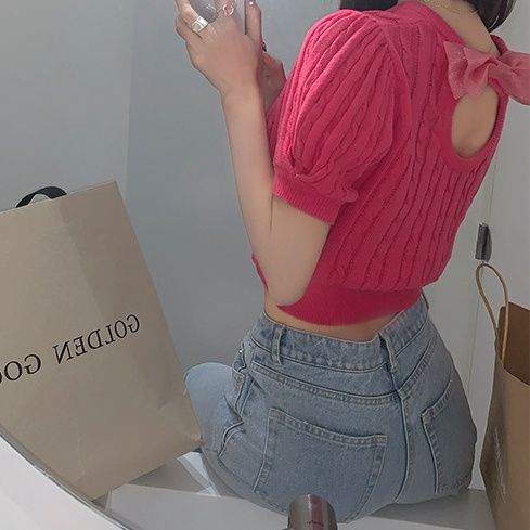 COZOK Áo Thun Dệt Kim Tay Ngắn Thắt Nơ Xinh Xắn Hợp Thời Trang