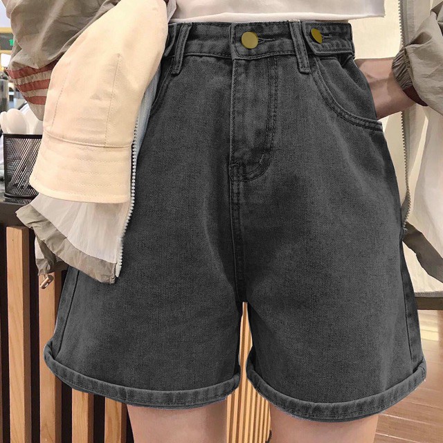 Quần short jean ngố phối mắc gài eo màu Xám Khói BC048