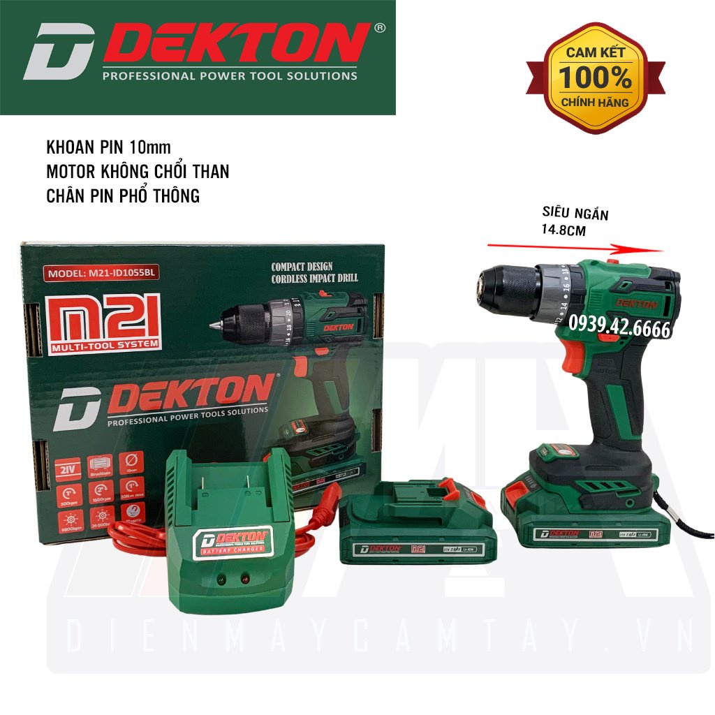 Máy Khoan Pin 3 Chức Năng Dekton M21-ID1055BL - Đầu Cặp 10mm - Motor Brushless - Chân Pin Phổ Thông
