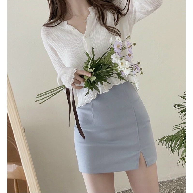 [Mã SKAMSALE06 giảm 10% tối đa 100K đơn 150K] Set croptop trắng cuốn biên kèm chân váy xanh biển