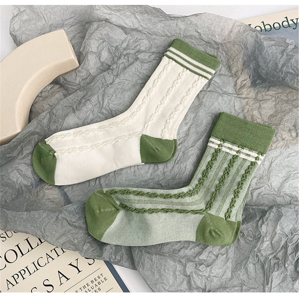 Đôi tất cotton thoáng khí họa tiết sọc màu xanh matcha phong cách Nhật Bản cổ điển dễ thương cho nữ