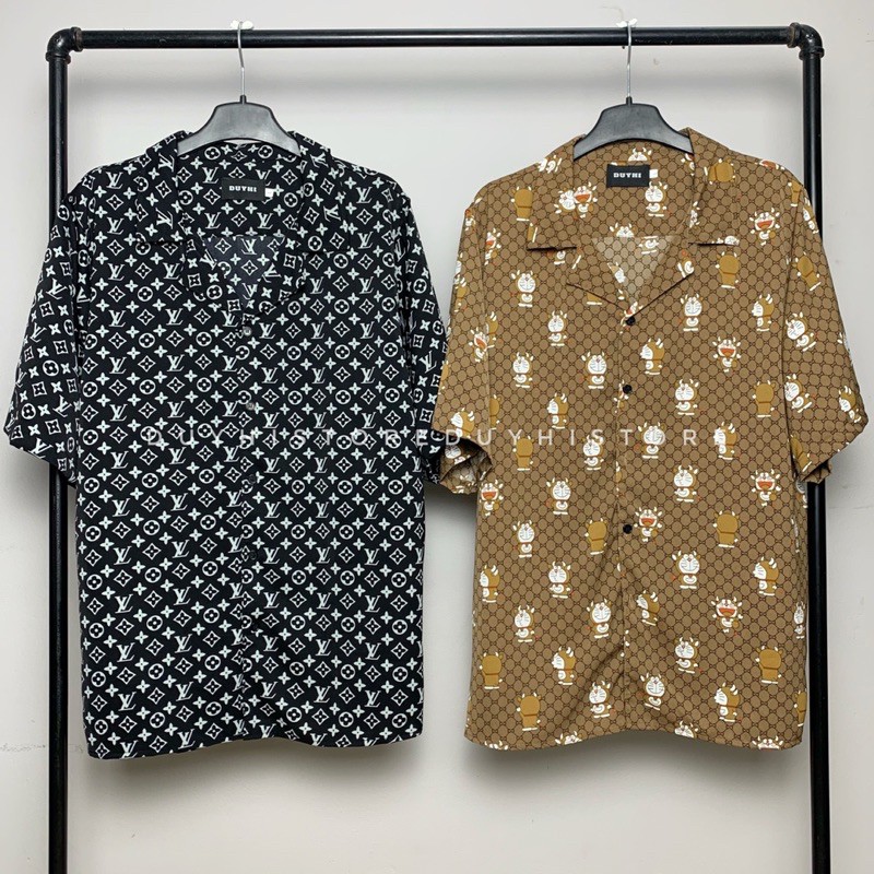 Áo sơ mi cộc tay unisex form rộng họa tiết LV ĐEN cho nam nữ | DUYHI