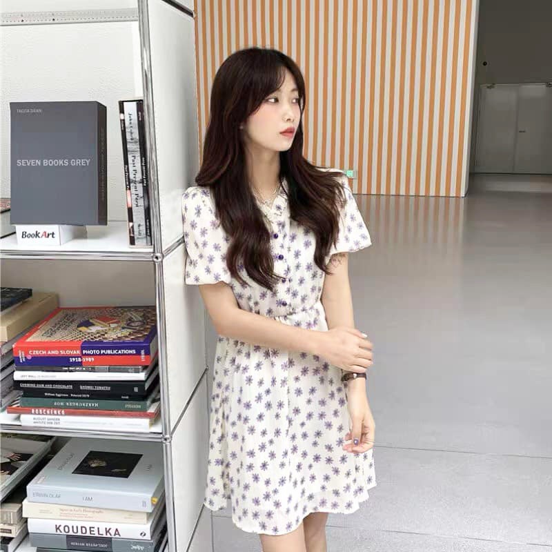Váy trắng babydoll hoa tím body Ulzzang tay bồng , Đầm nữ vintage thiết kế dáng ngắn | BigBuy360 - bigbuy360.vn
