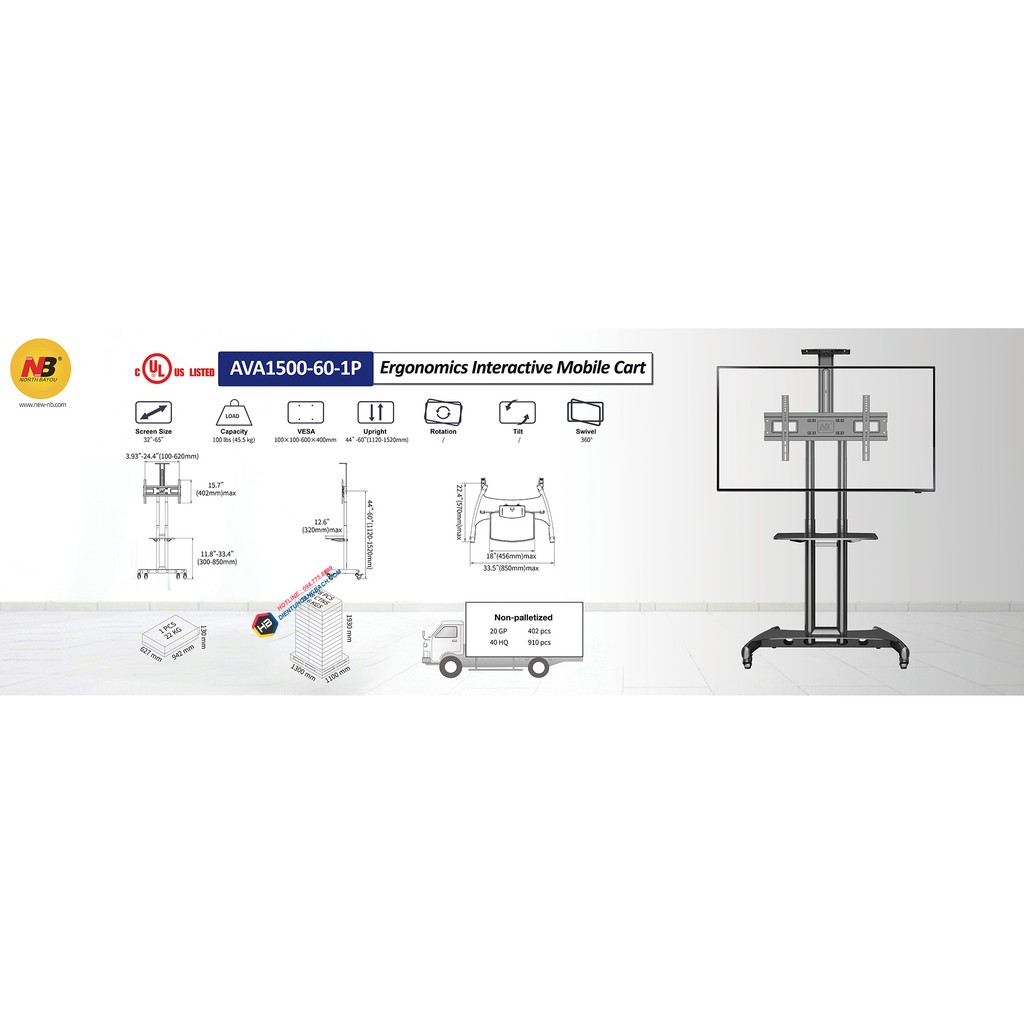 [Chính Hãng]Giá treo tivi di động nhập khẩu NB AVA1500 - 60 - 1P 32 - 65 inch