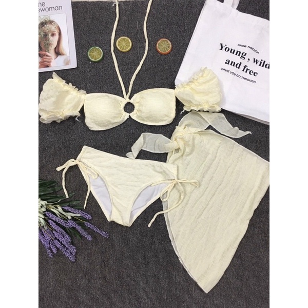 [ CHẤT THUN XỐP+ HÀNG CAO CẤP] Đồ bơi nữ, bikini 3 món phối khoen trễ vai dễ thương