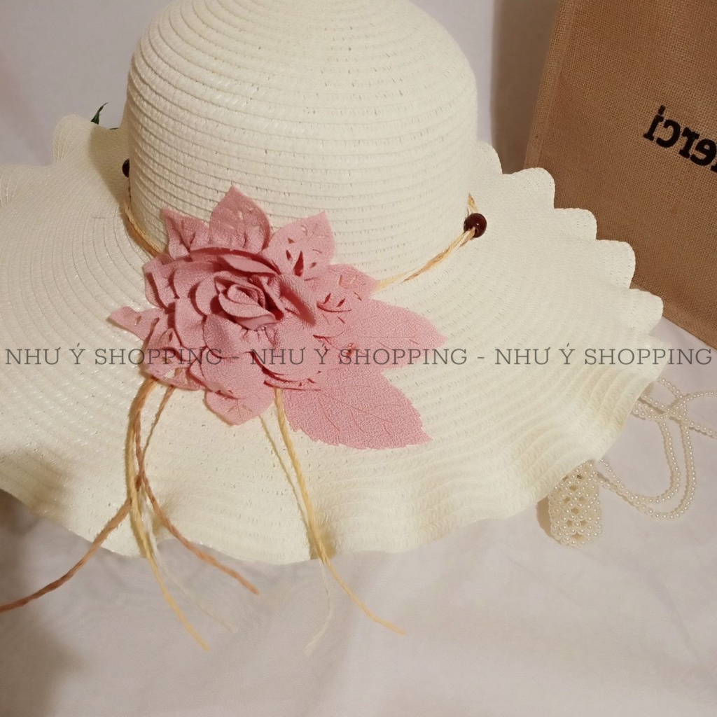 Nón cói,mũ cói nữ đi biển vành nhỏ gợn sóng mix hoa xinh đẹp mùa hè hình thật_gợn sóng nhỏ hoa lazer