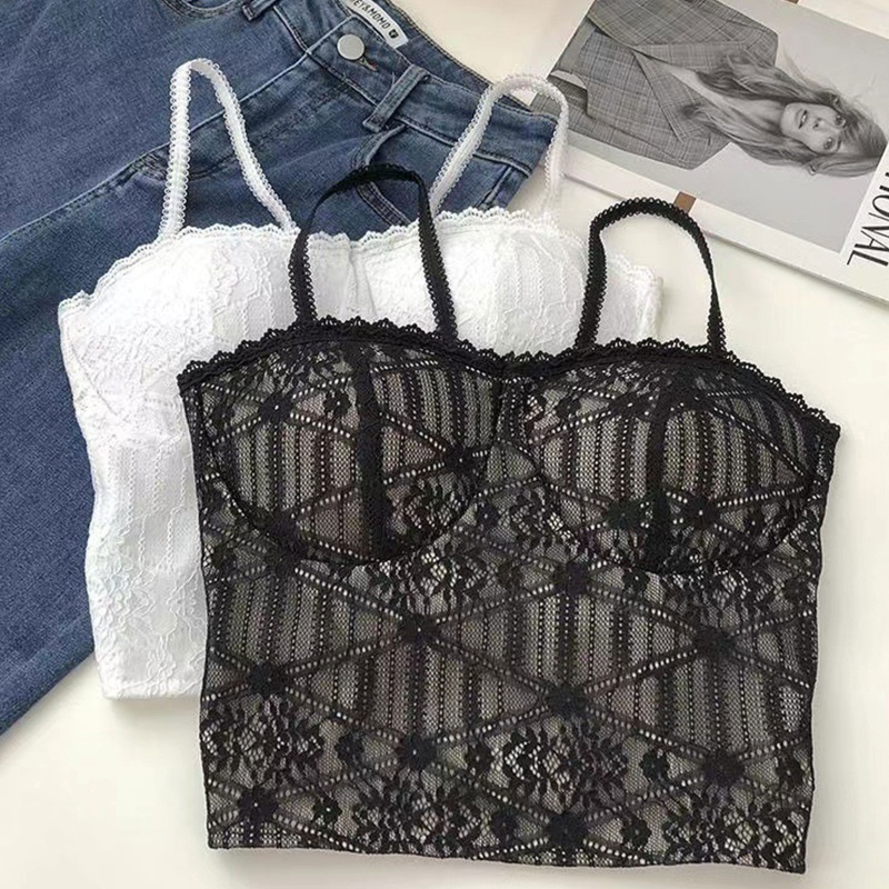 Brroa Áo Crop Top Hai Dây Phối Ren Có Đệm Ngực Màu Trơn Phong Cách Vintage Dành Cho Nữ