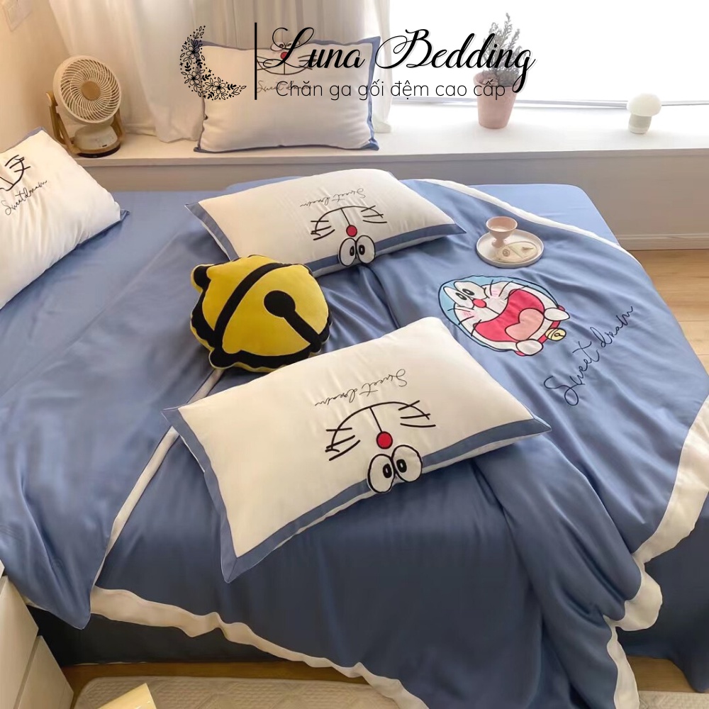 Bộ Chăn Ga Gối 5 Món Lụa Hình Doremon Ngộ Nghĩnh Cho Bé Luna Bedding