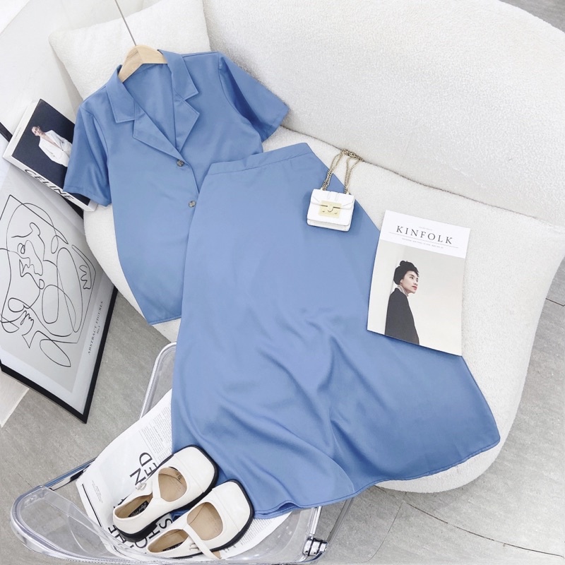 SET ÁO CỔ VEST KÈM CHÂN VÁY MIDI XANH