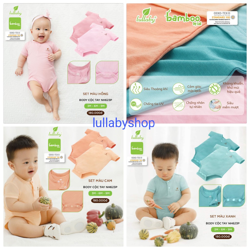 Set 2 body cộc tay sợi tre Lullaby NH623P, body sơ sinh mềm mịn, thoáng mát cao cấp