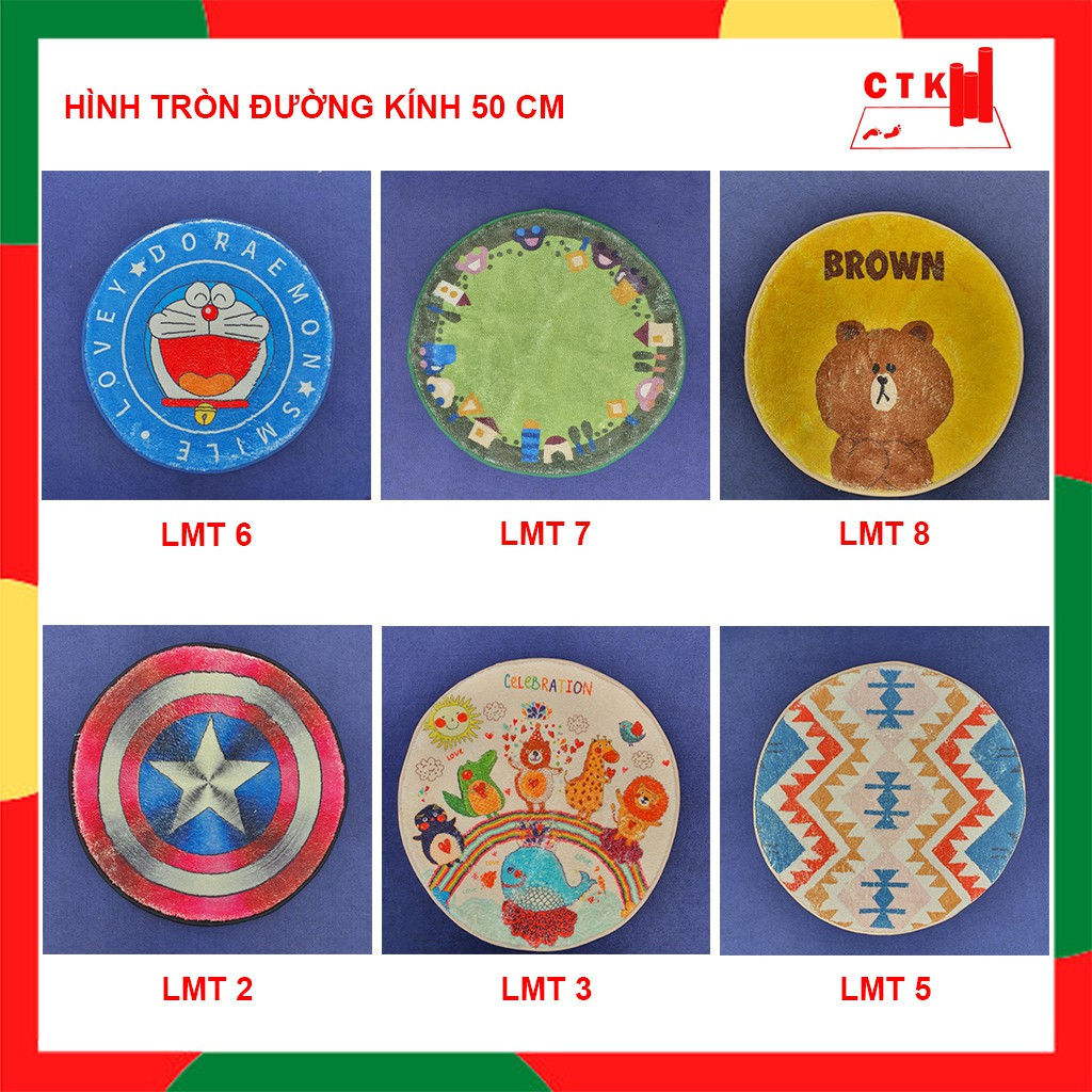 Thảm lau chân hình thú, thảm nhà bếp cao cấp chống trượt lông mịn hình tròn 50x50cm