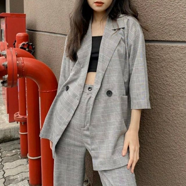 Set áo vest quần baggy sọc caro xịn xò