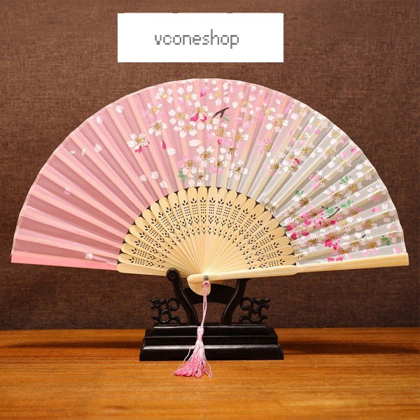 Quạt cổ phong dây tuyến nền hoa đào hồng quạt xếp cầm tay phong cách Trung Quốc phong cách cổ trang cổ điển