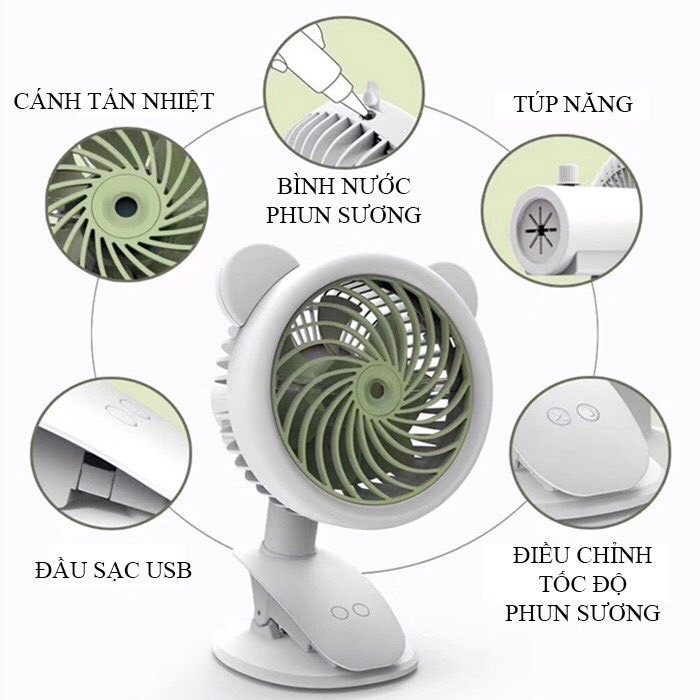 Quạt Phun Sương Kẹp Bàn Mini Clip Fan,Quạt Hơi Nước Đa Năng,Tiện Dụng