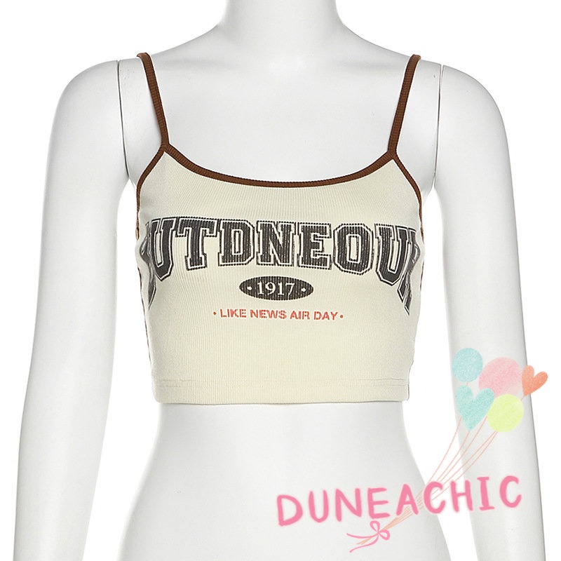 DUNEA Áo Tank Top Hai Dây Hở Lưng In Chữ Phong Cách Đường Phố