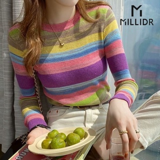 Áo Thun Dệt Kim Tay Dài Cổ Tròn Họa Tiết Kẻ Sọc Màu Cầu Vồng Phong Cách Hàn Quốc Thời Trang Thu Đông Mới 2021