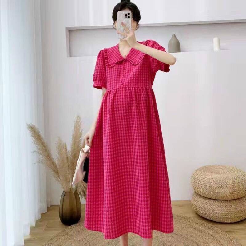 Váy đầm bầu công sở hè thu cổ búp bê kẻ sọc caro thiết kế cao cấp đẹp rẻ