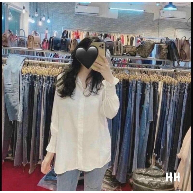 Áo sơ mi nữ trắng đi học tay dài bo nhúm cổ bẻ basic form rộng vừa