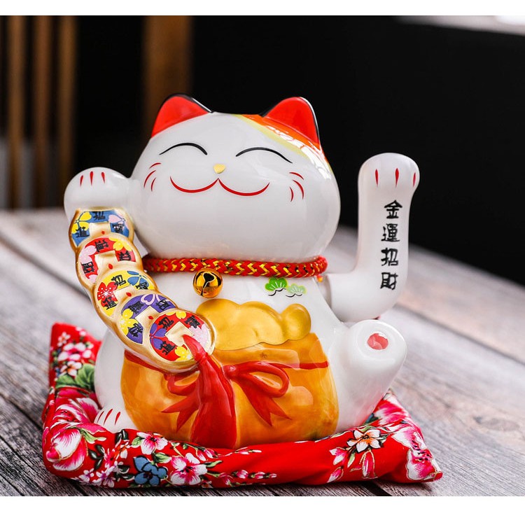 Mèo Thần Tài Vẫy Tay Phát Tài Phát Lộc Gốm Sứ Cao Cấp Kèm đệm đỏ Mèo may mắn vẫy tay chiêu tài phát lộc Maneki Neko